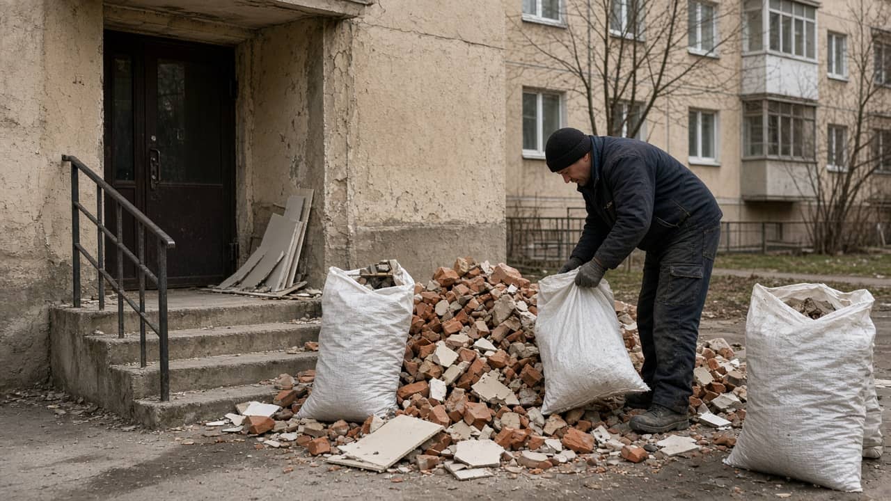 Подготовка и погрузка мусора в подъезде — Курск